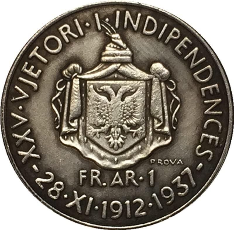 Чиста Мед, сребърно покритие Старинна Сребърна Доларова Монета, Албанска Монета 1937 г., Събирането на Занаятите