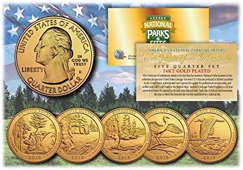 2018 America The Beautiful 24-КАРАТОВО Златно покритие Квартали Паркове Комплект от 5 монети с капсули