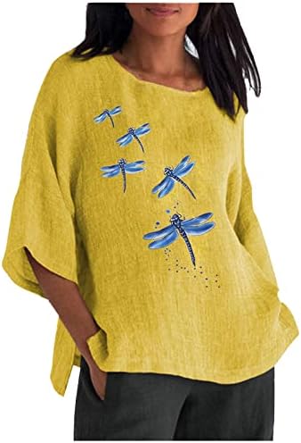 Летни Блузи с шарени Кончета 2023 с 3/4 ръкав, Ежедневни Свободна Блуза от памук и лен, с кръгло деколте и бельо
