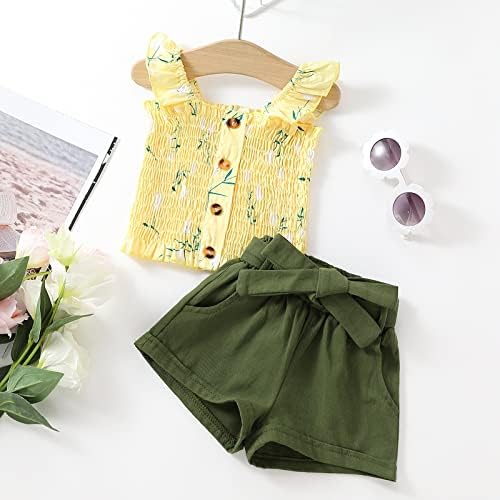OCCOKO/ Облекло за малки момичета; Лятна Тениска Без ръкав с флорални волани и джапанки; Върхове; къси Панталони