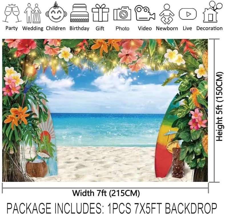 YCUCUEI 7x5ft Текстилен Годишният Хавайски Плаж Фон За Снимки на Тропически Цветя Палмови Листа Дъска за сърф