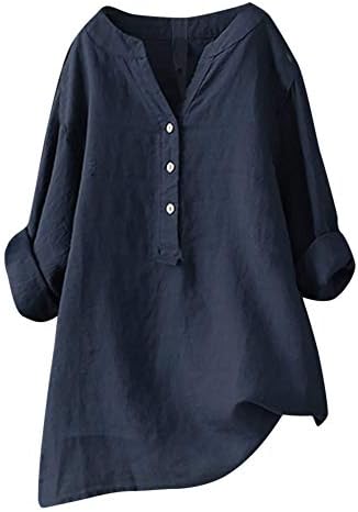 Дамски Памучни Ленени Ризи Плюс Размера на Ежедневни Блузи Копчета 2023 Летни Блузи с V-образно деколте и Дълъг/Къс