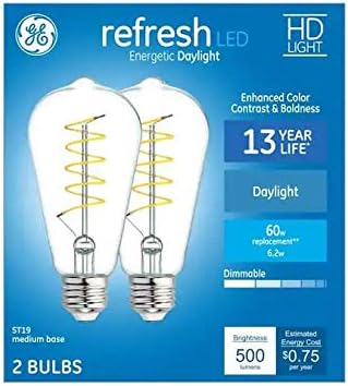 GE Refresh 60-Ватов Еквалайзер ST19 Крушка на Едисон с регулируема яркост на дневна светлина (2 бр), Led лампа,