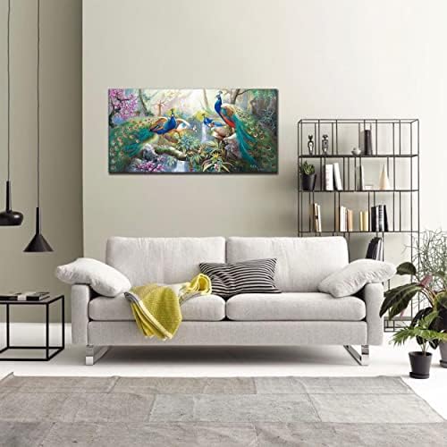 Gracefur Картина с Павлином Върху Платно монтаж на стена Арт - Ръчно Рисувани и 3D Тропическа Гора Тюркоаз Паун