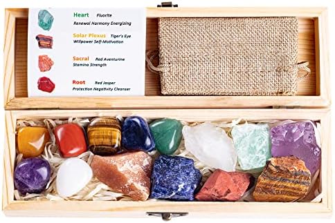 Набор от натурални Лечебни камъни и Кристали, 17 бр. в Дървена кутия - 7 Камъни със ситно Нарязан Чакра, 7 Необработени