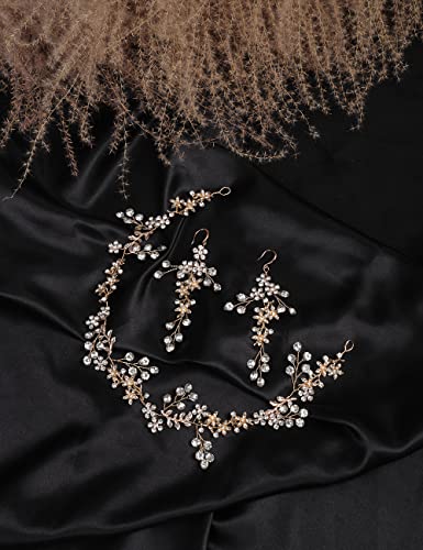 BERYUAN цвете от кристал за младоженци лента за глава обеци златни сватбени аксесоари Златен лист цвете Лоза