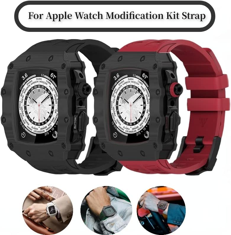 CNHKAU Комплект промяна от въглеродни влакна Каишка за Apple Watch Band 45 мм 44 мм Гумена гривна Гривна за