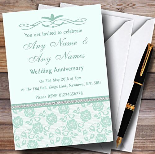 Пощенска картичка съдържа Красиво покана на парти в чест на годишнина от мятно-зелен и шалфейным цветя и диаманти.