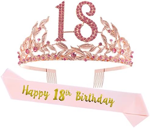 Короната на 18-ия рожден ден MERRYGIFTWORLD, Диадема на 18-ти рожден ден и Розов Колан, Украса на 18-ти рожден ден, Подаръци за жени и Момичета, Розово Злато