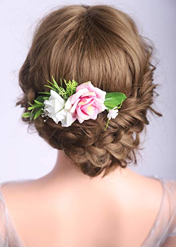 Сватбена Прическа Denifery, Гребен за коса, Гребен за коса в Селски стил, Цвете Гребен от бели и розови цветя,