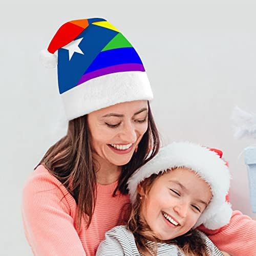 Коледна шапка с горд флага Пуерто-Рико, шапки на Дядо Коледа, къси плюшени шапки с бели ръкавели за мъже и жени,