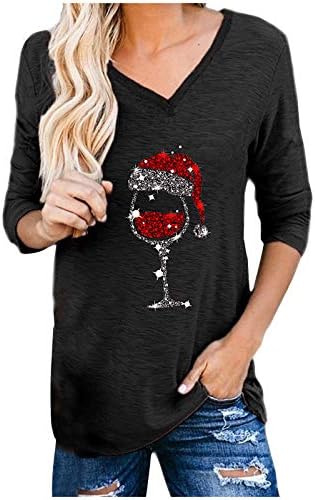 NaRHbrg Женска Коледа Риза с Чаша Червено Вино 2022 Тениска Забавна Коледна Тениска С V Образно деколте Ризи