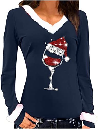 Дамски Коледни Върхове, Забавни Тениски с Графичен Дизайн във формата На Чаша за Вино, Всекидневни Пуловер с